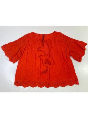 Joan Jara Womens Orange Top Tassel Tie Eyelet Scalloped Edges Size Large